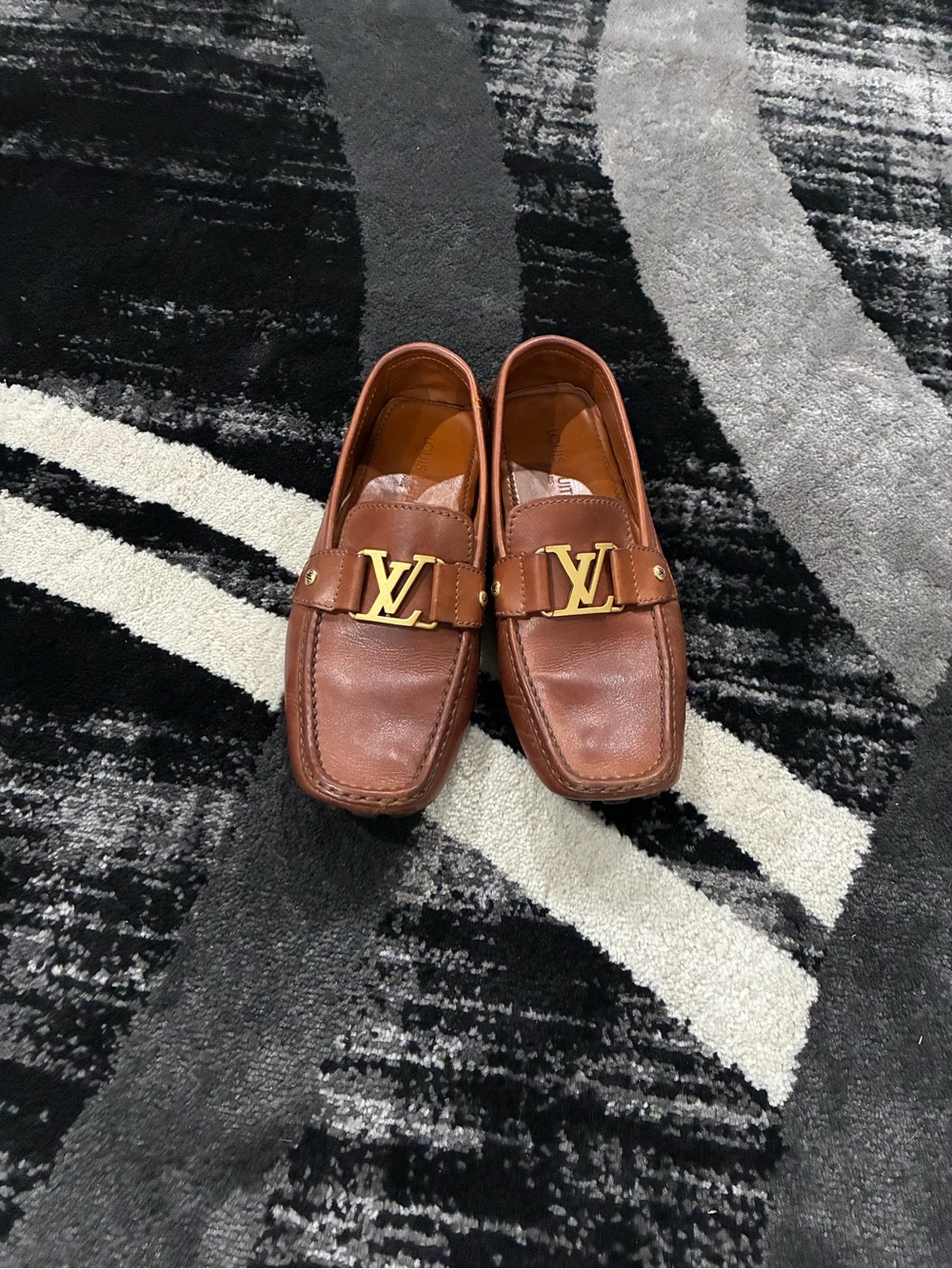 Louis Vuitton Tan Brown Leather Men's Slip-On Loafers with Gold LV Accent